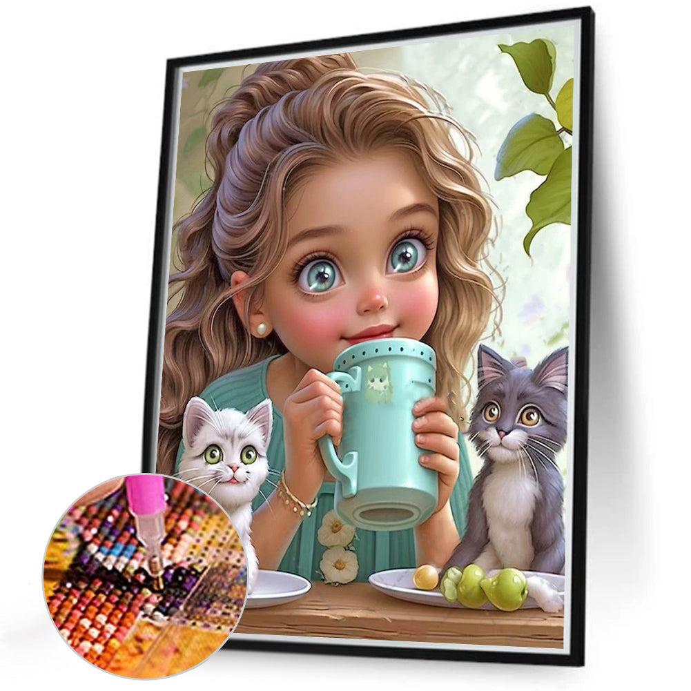 Diamond Painting - Full Round - Girl with two cats (40*50CM)