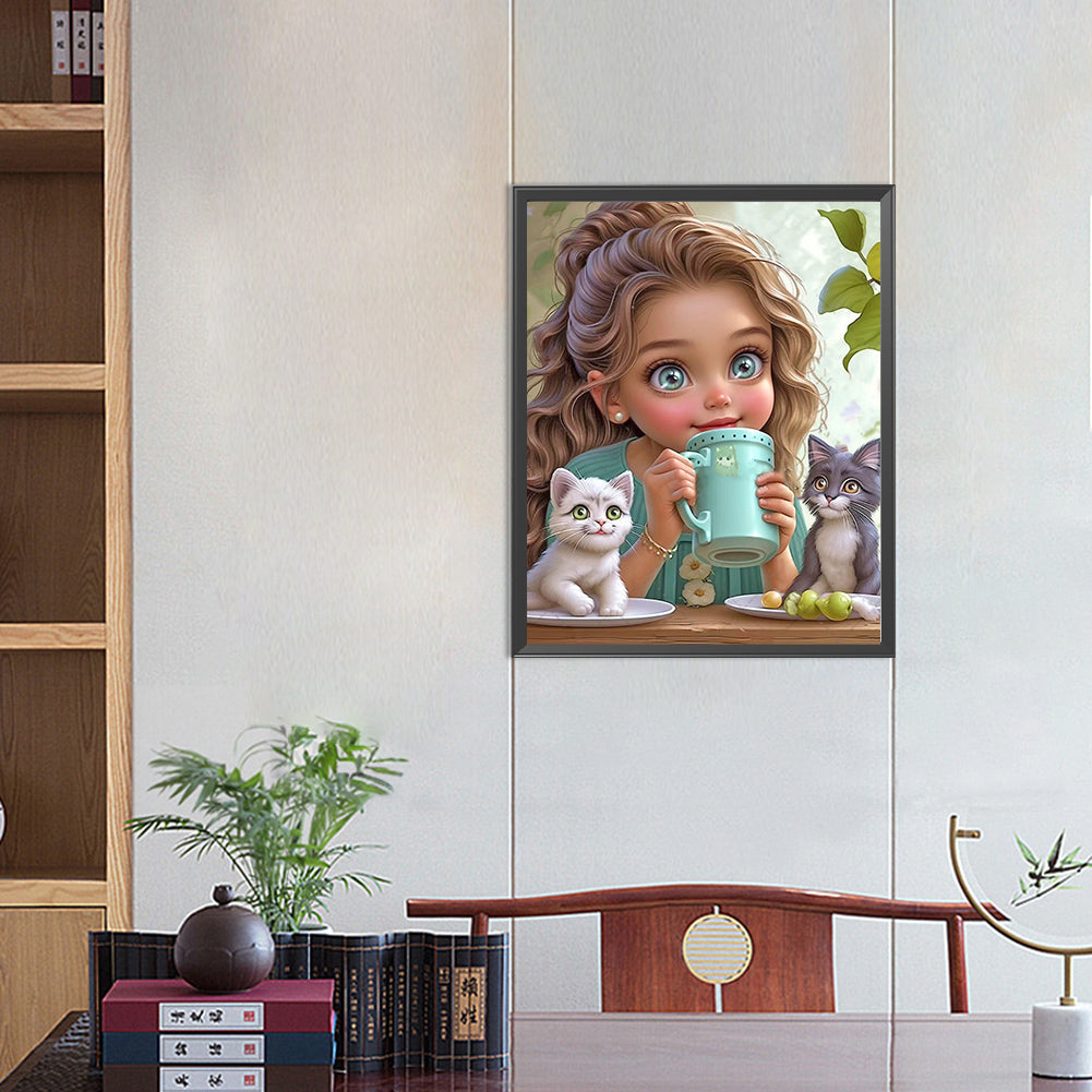 Diamond Painting - Full Round - Girl with two cats (40*50CM)