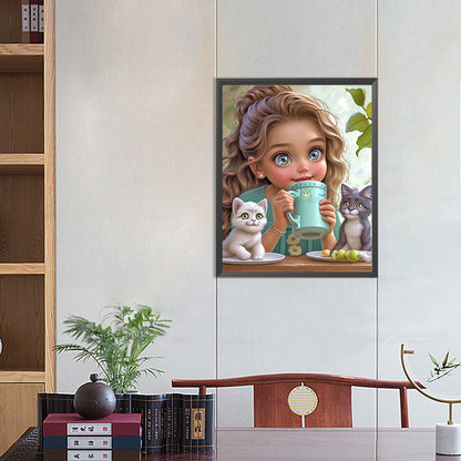 Diamond Painting - Full Round - Girl with two cats (40*50CM)