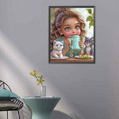 Diamond Painting - Full Round - Girl with two cats (40*50CM)