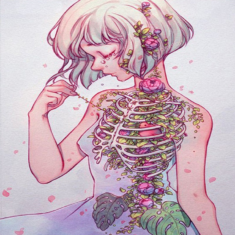 Diamond Painting - Full Round - The melancholy girl with flowers as bones (40*50CM)