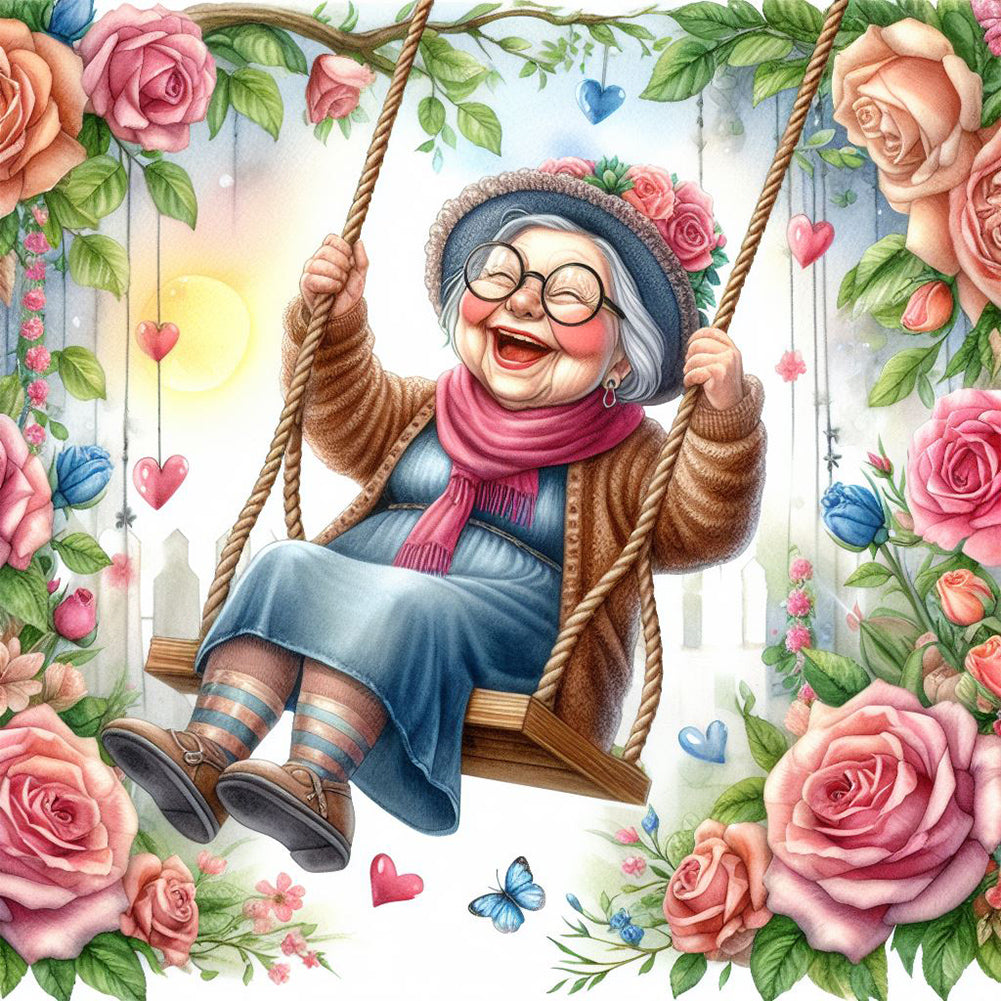 Diamond Painting - Full Round - Happy old lady on swing (30*30CM)