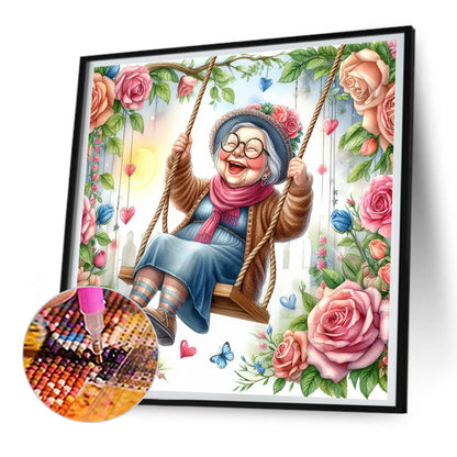 Diamond Painting - Full Round - Happy old lady on swing (30*30CM)