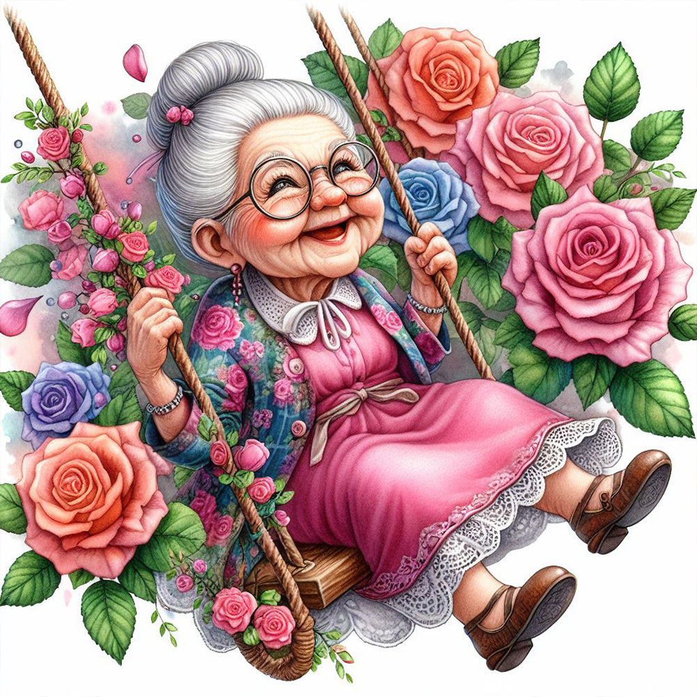 Diamond Painting - Full Round - Happy old lady on swing (30*30CM)