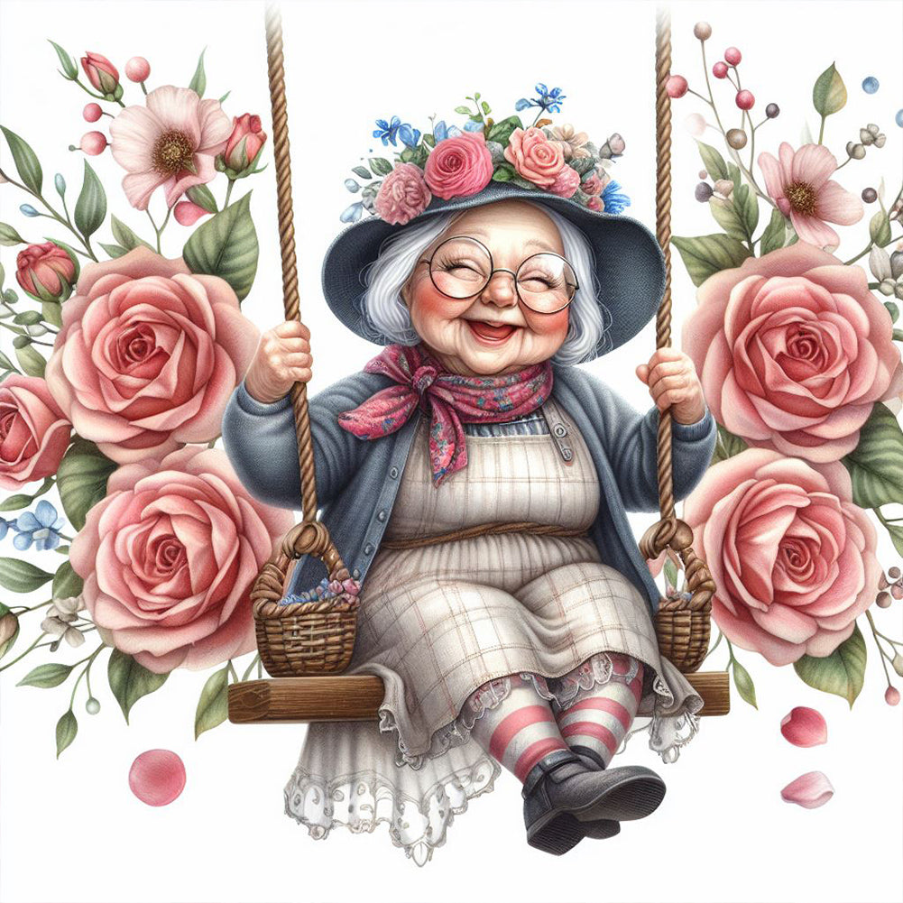 Diamond Painting - Full Round - Happy old lady on swing (30*30CM)
