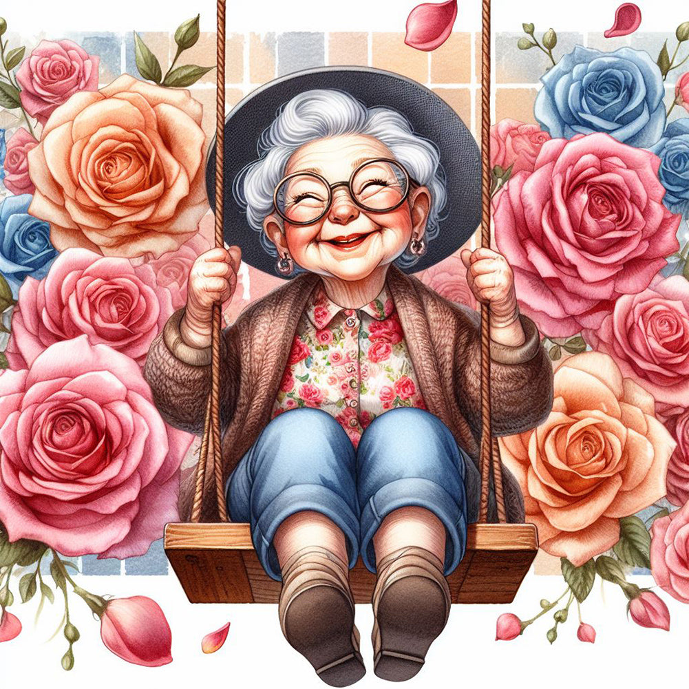 Diamond Painting - Full Round - Happy old lady on swing (30*30CM)