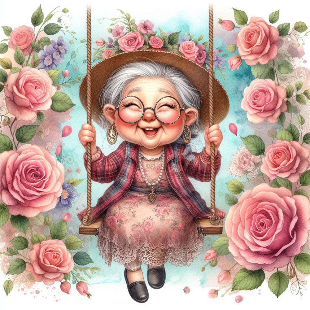 Diamond Painting - Full Round - Happy old lady on swing (30*30CM)
