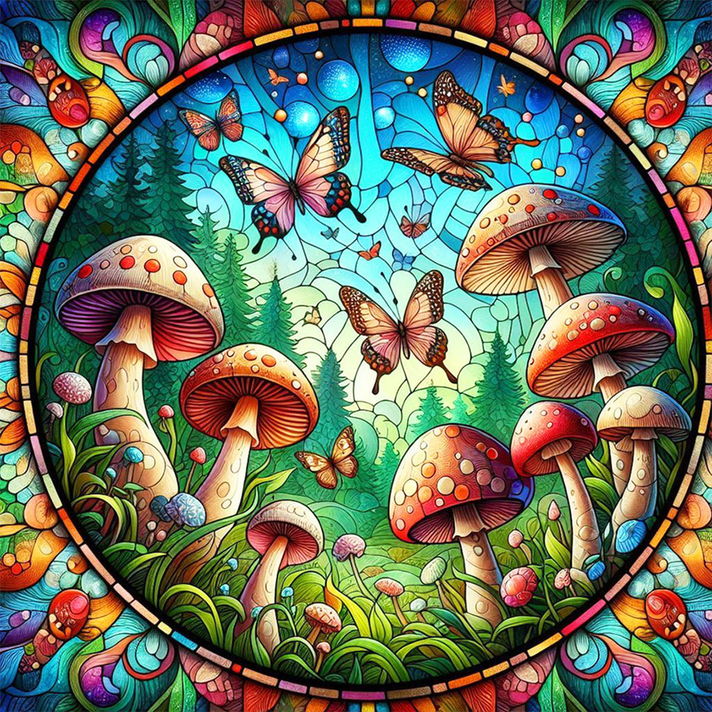 Diamond Painting - Full Round - glass art butterfly mushroom (30*30CM)