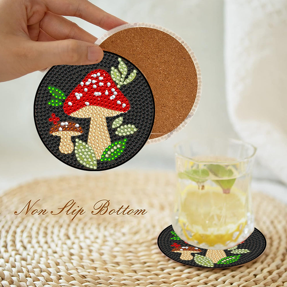 6Pcs Diamond Art Coaster Diamond Art Painting Coaster Kit with Holder (Mushroom)