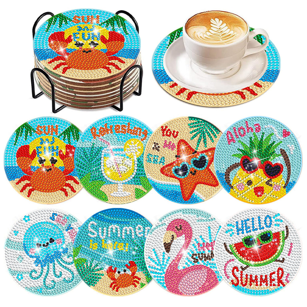 8 Pcs Diamond Art Coaster Diamond Art Painting Coaster Kit with Holder (Summer)