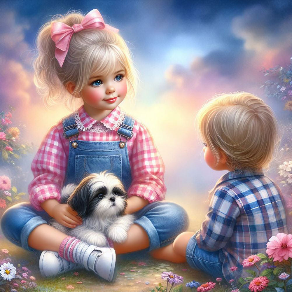 Diamond Painting - Full Round - Little girl and puppy in the garden (30*30CM)