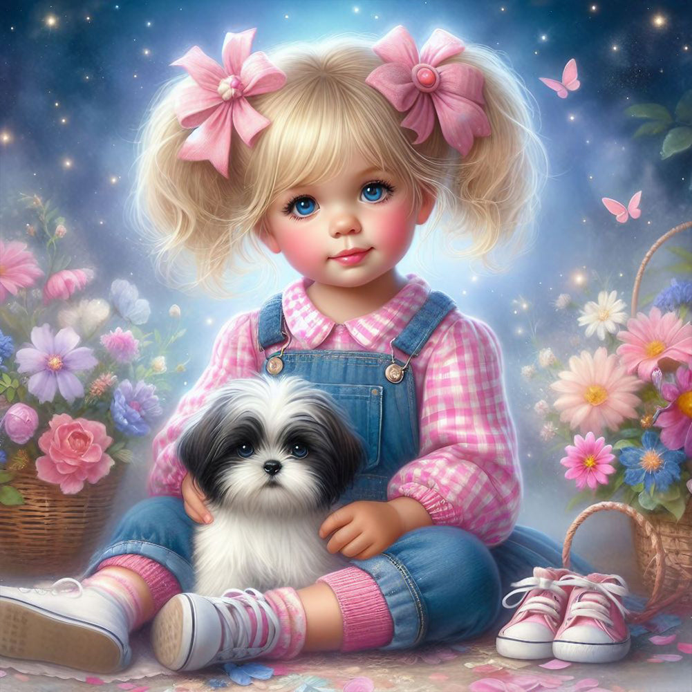 Diamond Painting - Full Round - Little girl and puppy in the garden (30*30CM)