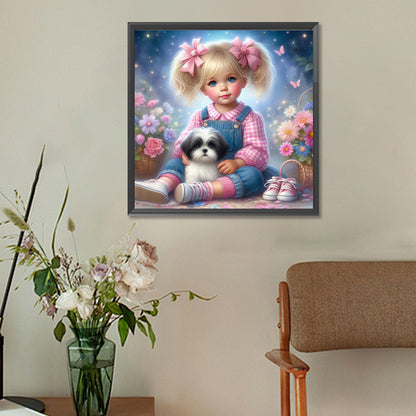 Diamond Painting - Full Round - Little girl and puppy in the garden (30*30CM)