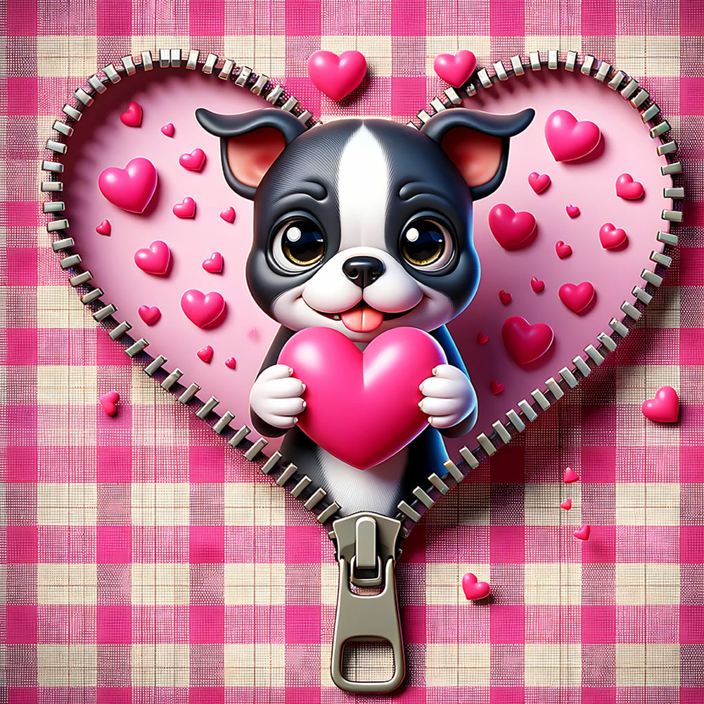 Diamond Painting - Full Round - Pink Love Puppy-Valentine Day Boston Terrier (30*30CM)