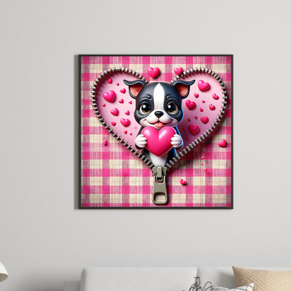 Diamond Painting - Full Round - Pink Love Puppy-Valentine Day Boston Terrier (30*30CM)
