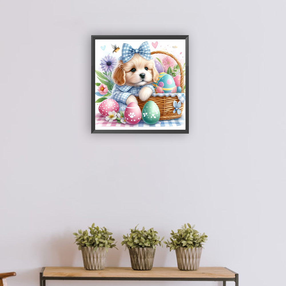 Diamond Painting - Full Round - Curly-eared dog and Easter eggs (30*30CM)