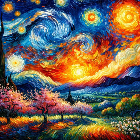Diamond Painting - Full Round - Colored lead painting of starry sky and countryside (40*40CM)