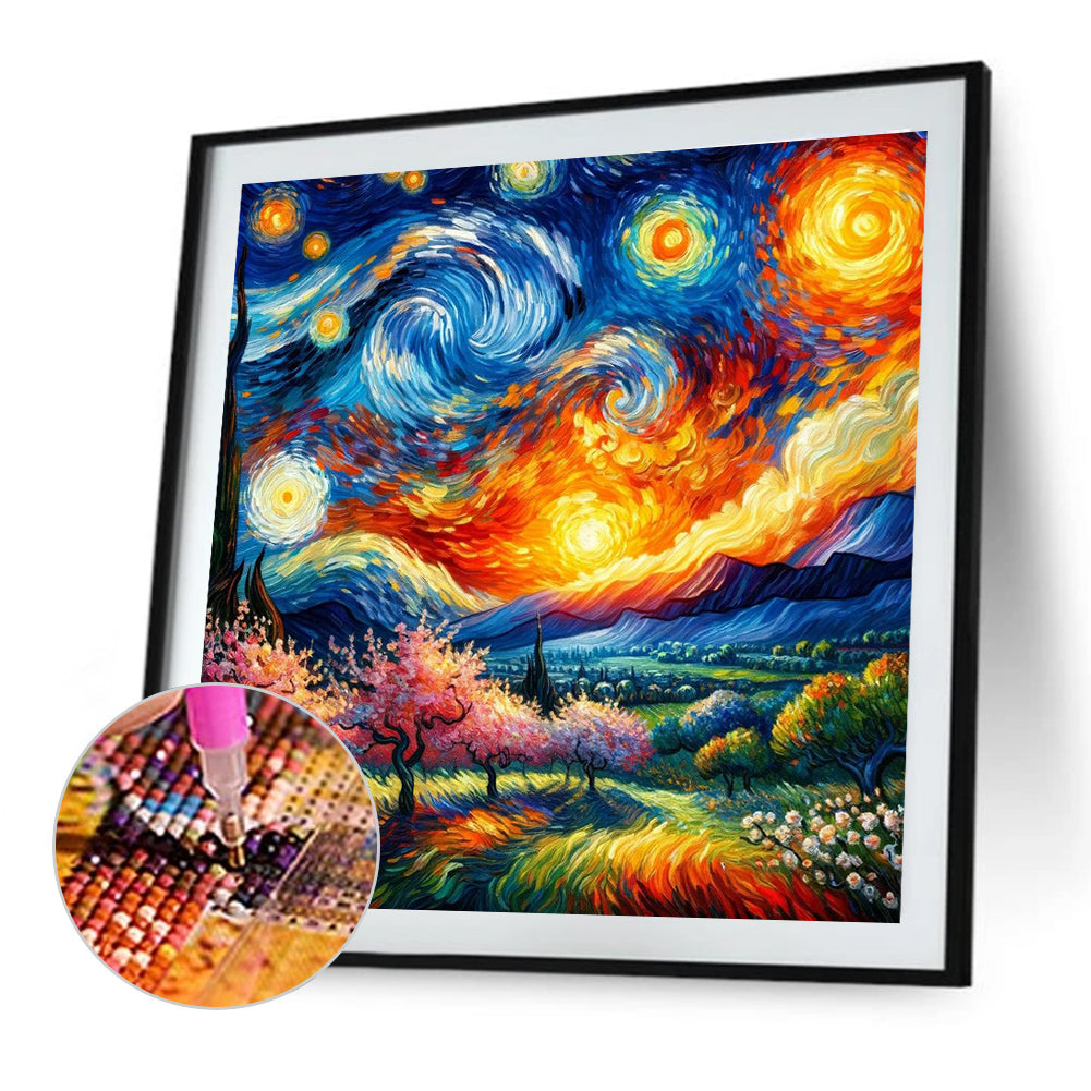 Diamond Painting - Full Round - Colored lead painting of starry sky and countryside (40*40CM)