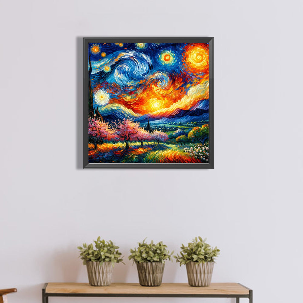 Diamond Painting - Full Round - Colored lead painting of starry sky and countryside (40*40CM)