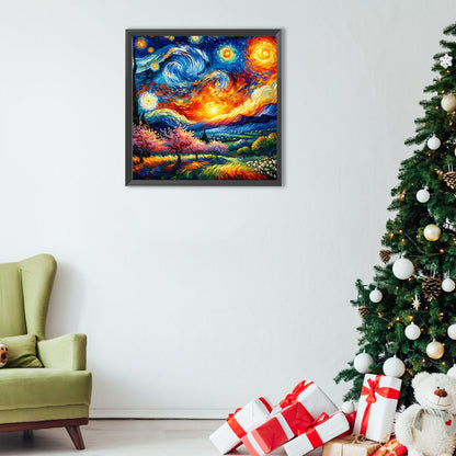 Diamond Painting - Full Round - Colored lead painting of starry sky and countryside (40*40CM)