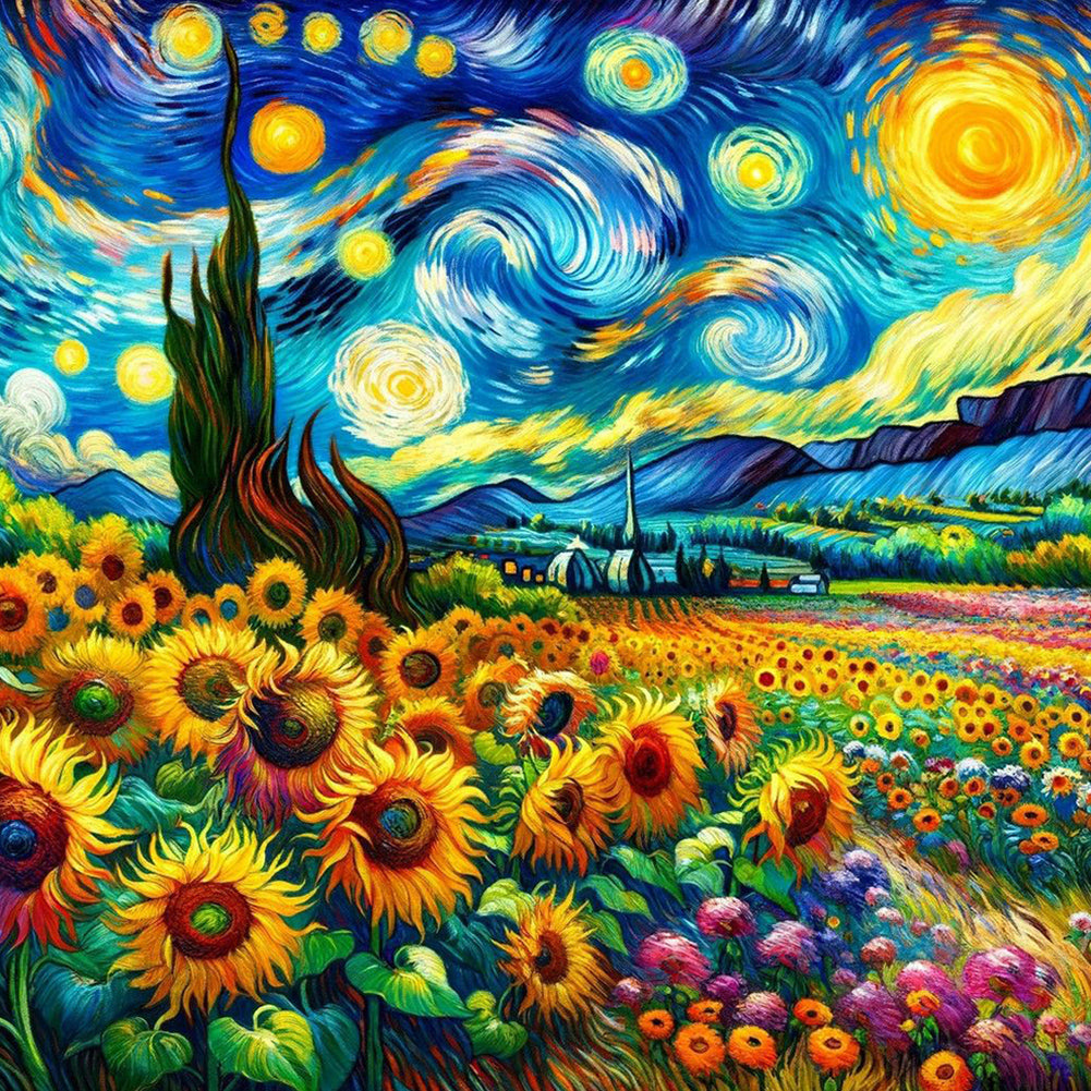 Diamond Painting - Full Round - Colored lead painting of flower field and starry sky (40*40CM)