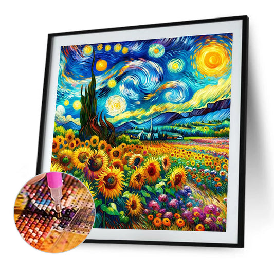 Diamond Painting - Full Round - Colored lead painting of flower field and starry sky (40*40CM)