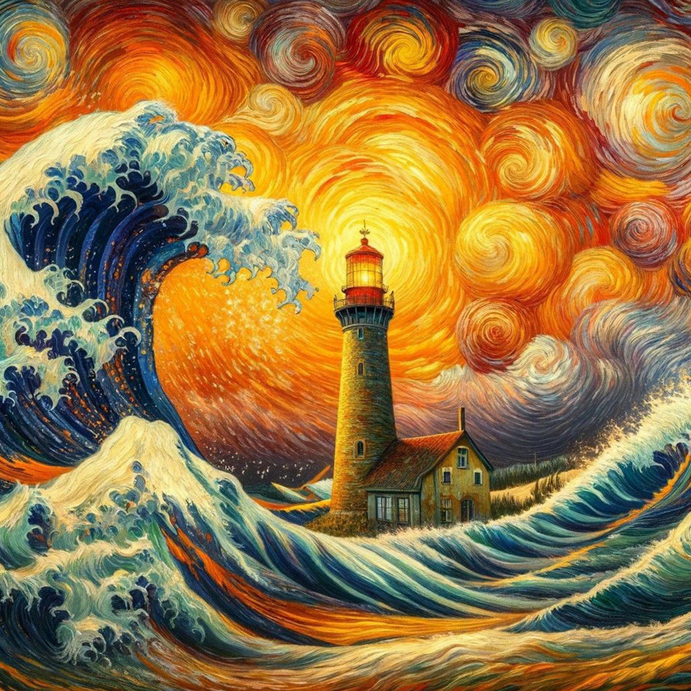 Diamond Painting - Full Round - Colored lead painting of lighthouse on the sea (40*40CM)