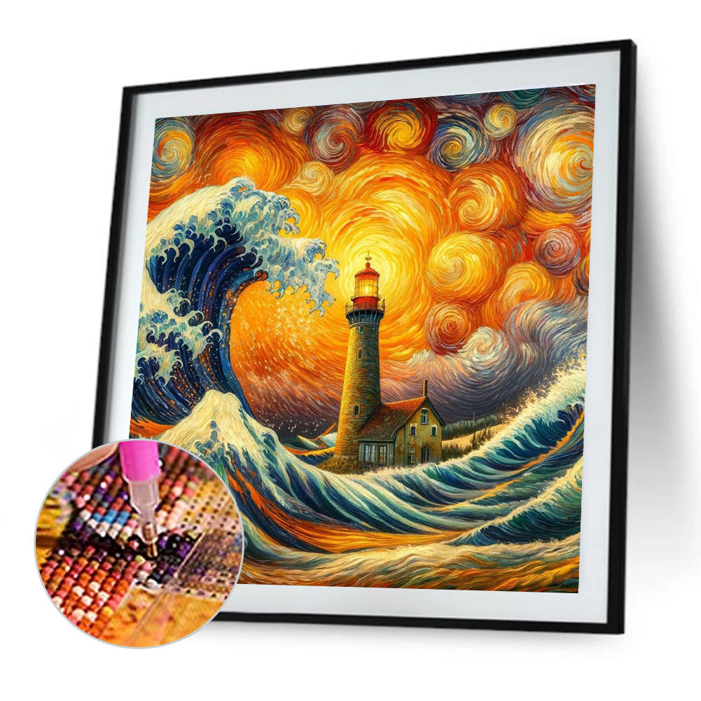 Diamond Painting - Full Round - Colored lead painting of lighthouse on the sea (40*40CM)