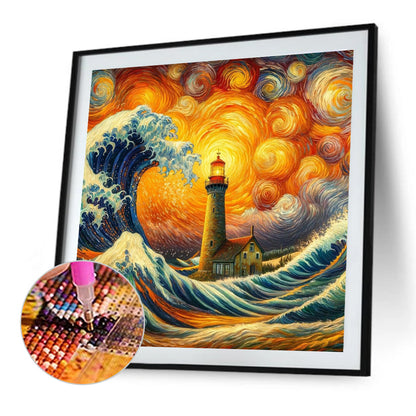 Diamond Painting - Full Round - Colored lead painting of lighthouse on the sea (40*40CM)