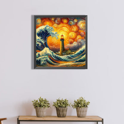 Diamond Painting - Full Round - Colored lead painting of lighthouse on the sea (40*40CM)
