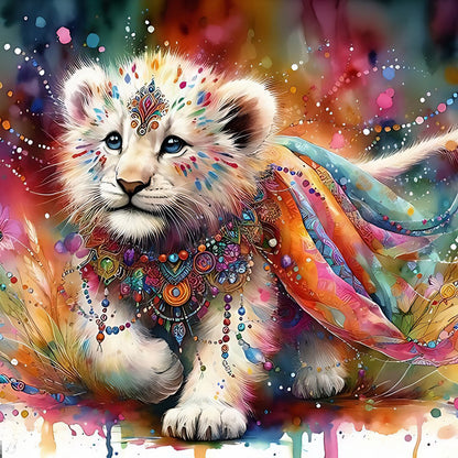 Diamond Painting - Full Round - Indian white lion with colorful feathers (40*40CM)