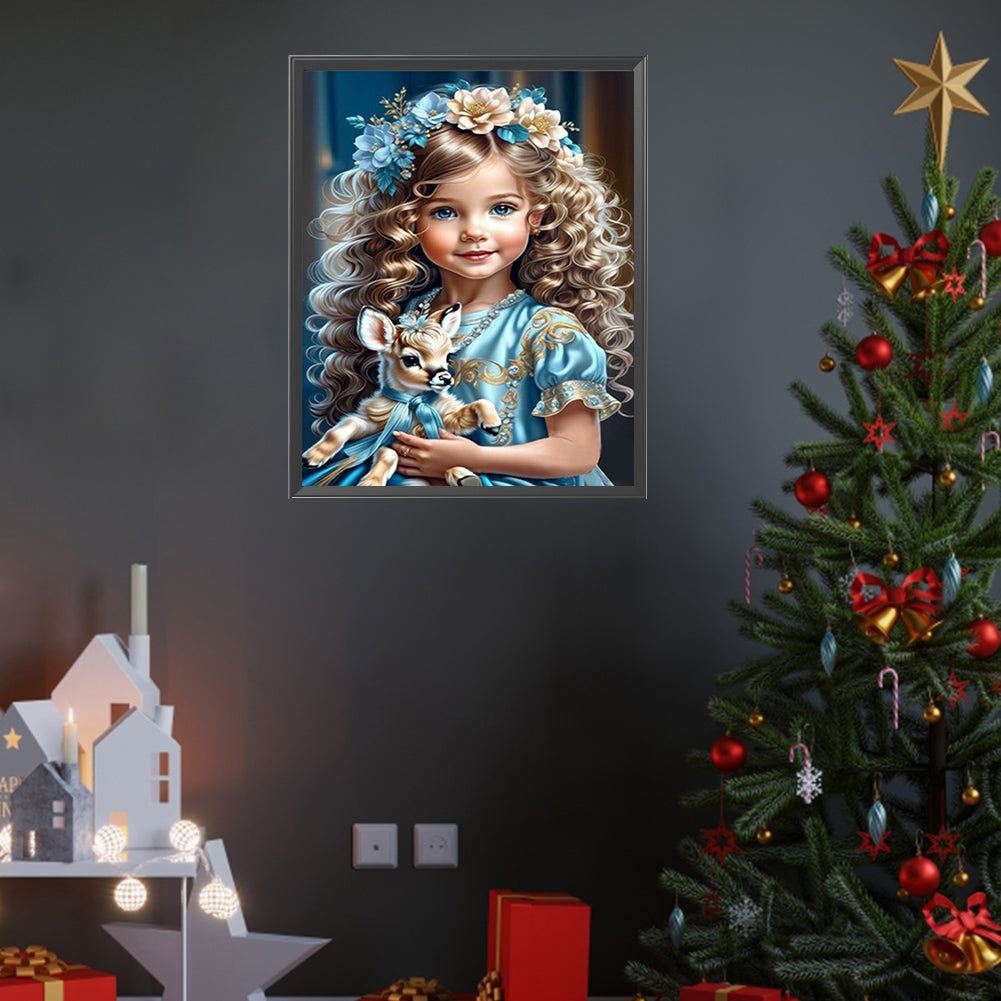 Diamond Painting - Full Square - little girl holding a deer (40*50CM)