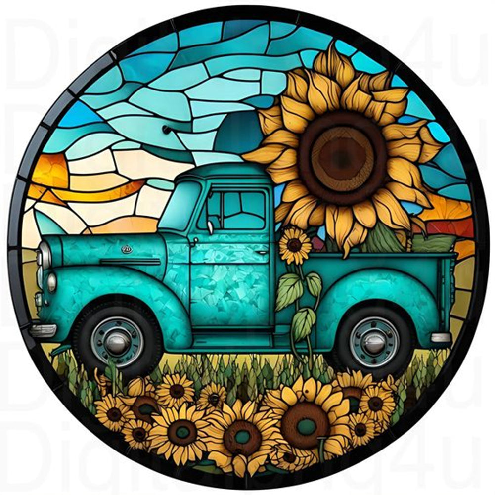 Diamond Painting - Full Round - Round brand sunflower classic car (30*30CM)