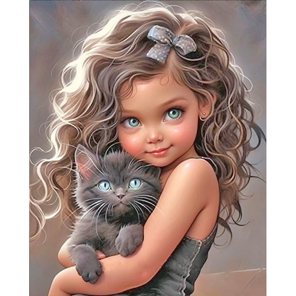 Diamond Painting - Full Round - little girl holding cat (40*50CM)