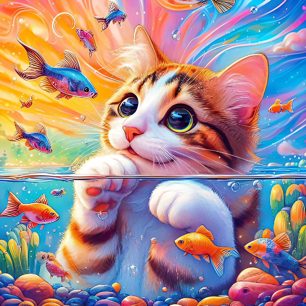 Diamond Painting - Full Round - Goldfish and little orange cat (40*40CM)