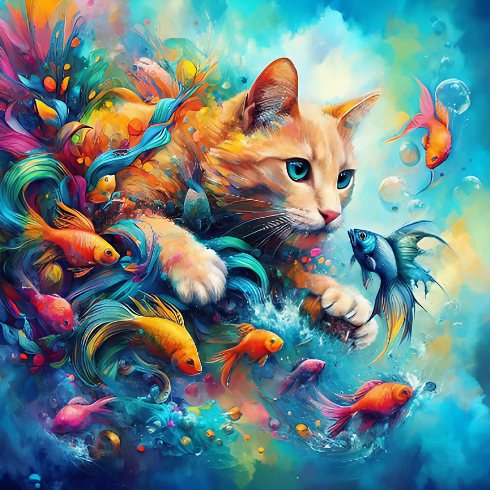 Diamond Painting - Full Round - Goldfish and Orange Cat (40*40CM)