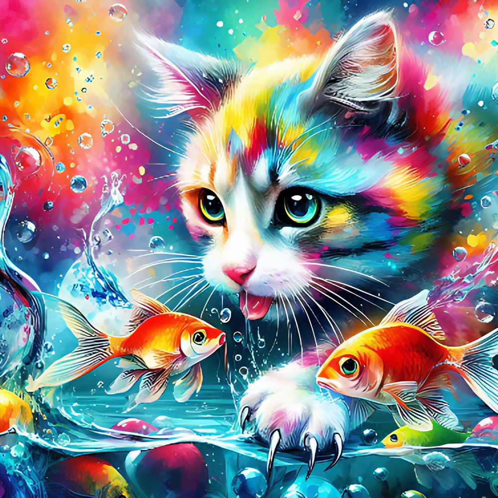 Diamond Painting - Full Round - Goldfish and colorful cat (40*40CM)