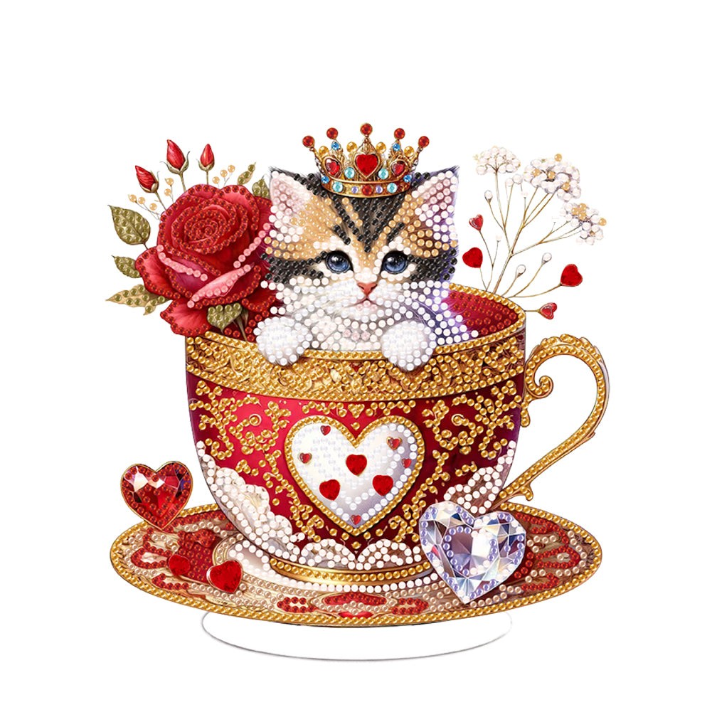 Special Shape Single-Side Cute Cat in Cup Desktop Diamond Art Kit for Home Decor