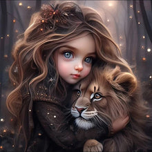 Load image into Gallery viewer, Diamond Painting - Full Round - girl hugging lion (30*30CM)
