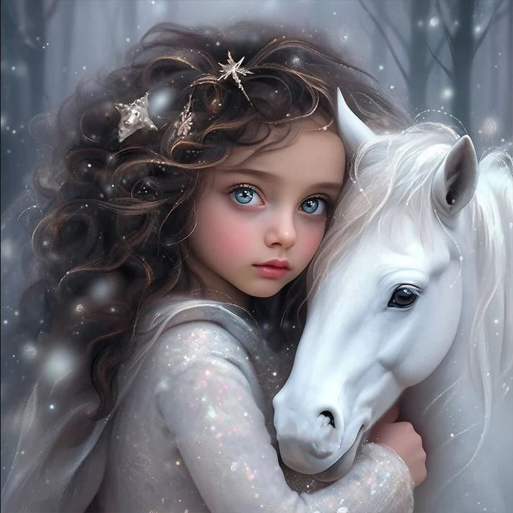 Diamond Painting - Full Round - white horse girl (30*30CM)