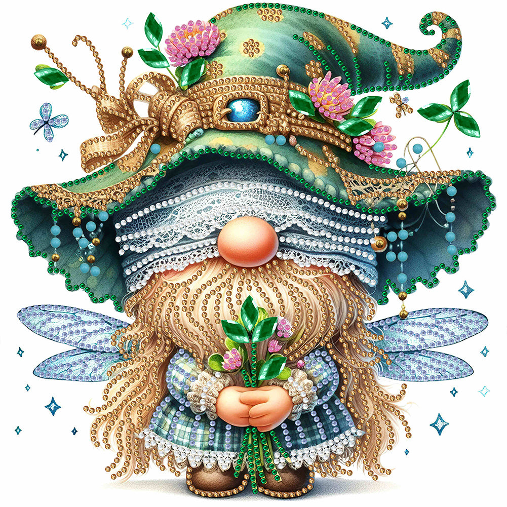 Diamond Painting - Partial Special Shaped - spring dragonfly gnome (30*30CM)