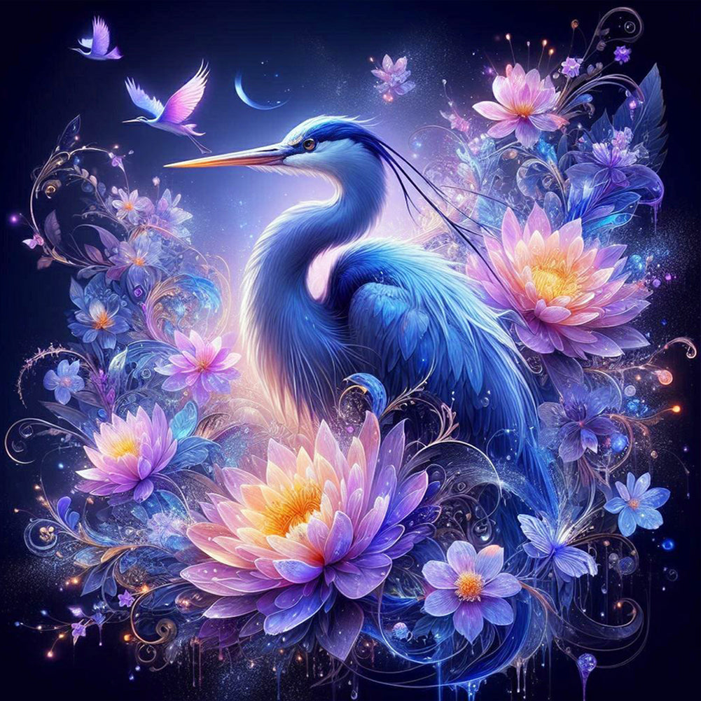 Diamond Painting - Full Round - White crane on purple fantasy background (40*40CM)