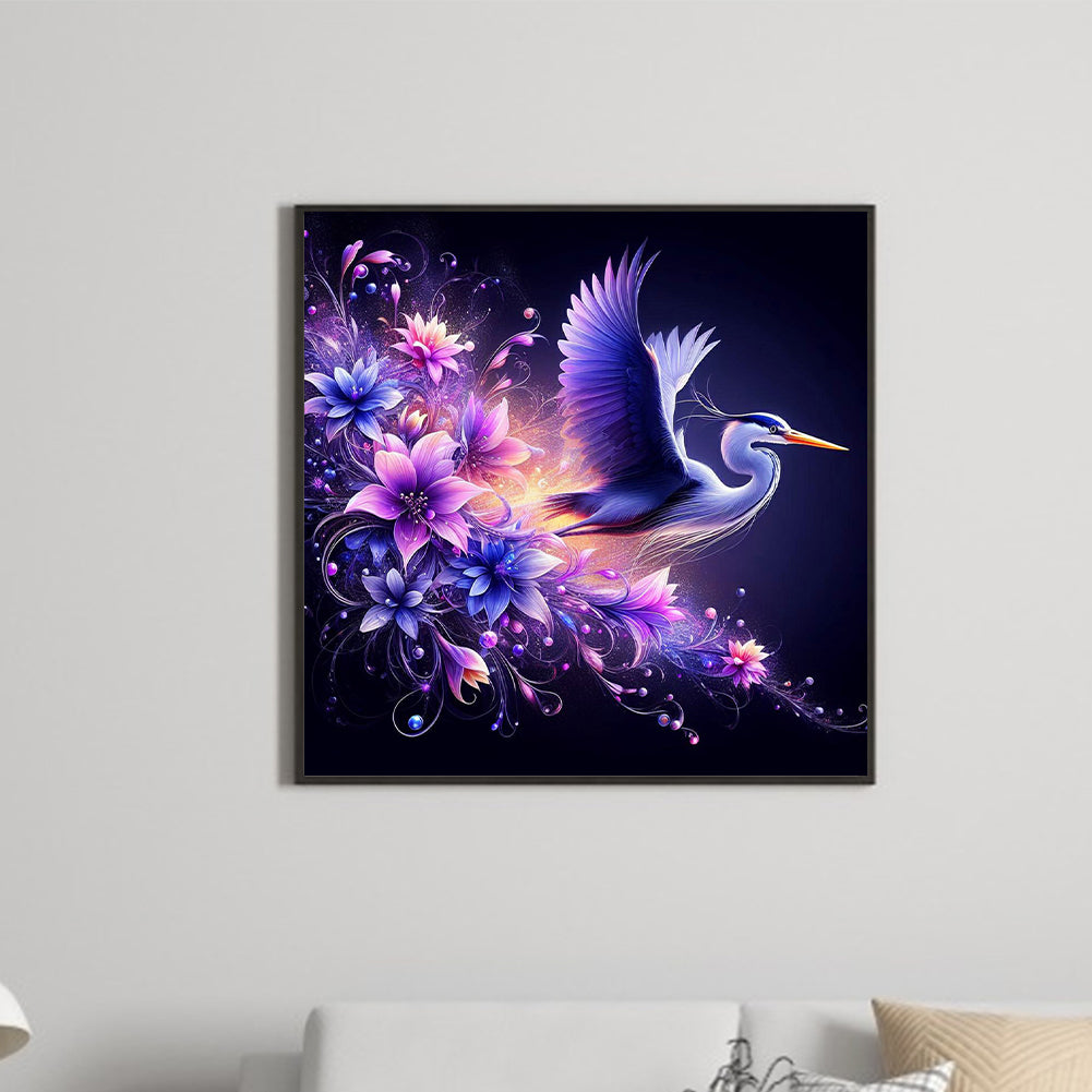 Diamond Painting - Full Round - Flying crane on purple fantasy background (40*40CM)