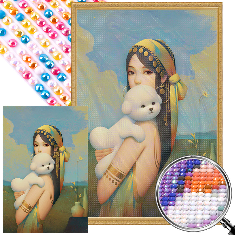 AB Diamond Painting - Full Round - girl holding puppy (40*60CM)