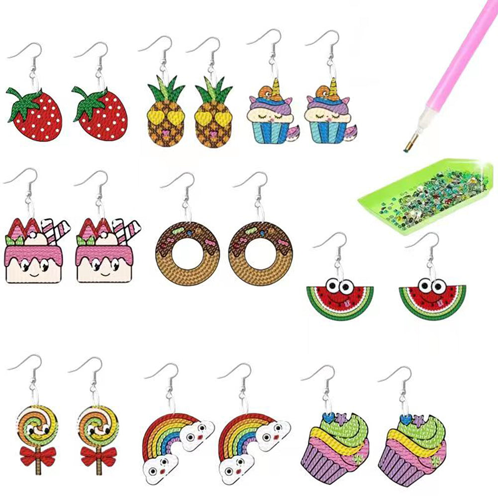 9 Pairs Double Sided Fruit Cake Candy Rainbow Diamond Glitter Art Earring Kit