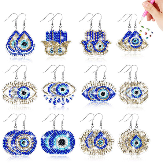 12 Pairs Double Sided Evil Eye Diamond Glitter Art Earring Kit Party Ornaments