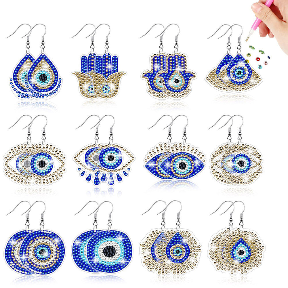 12 Pairs Double Sided Evil Eye Diamond Glitter Art Earring Kit Party Ornaments