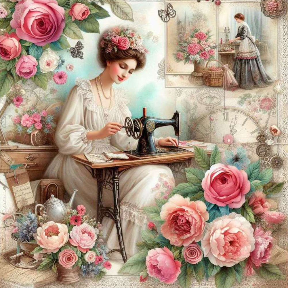 Diamond Painting - Full Round - woman using sewing machine (30*30CM)