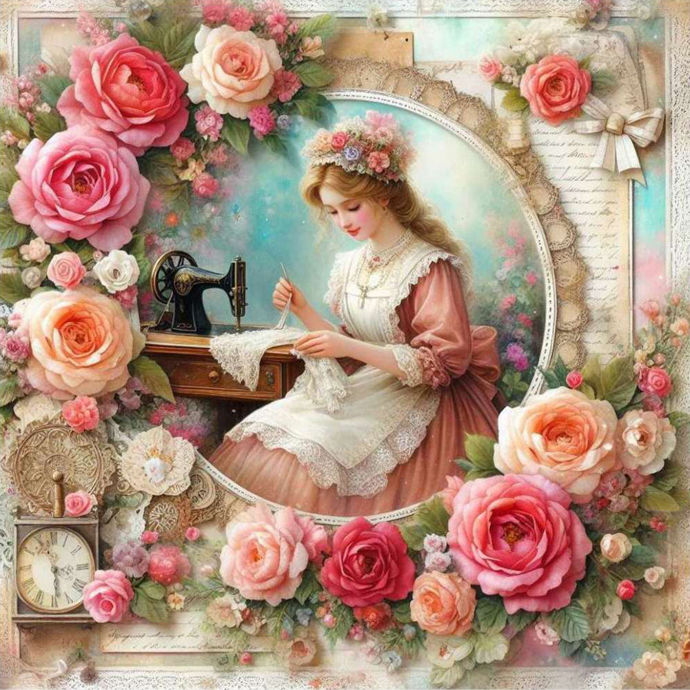 Diamond Painting - Full Round - woman using sewing machine (30*30CM)