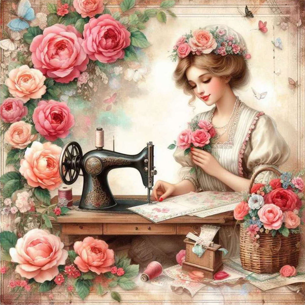Diamond Painting - Full Round - woman using sewing machine (30*30CM)